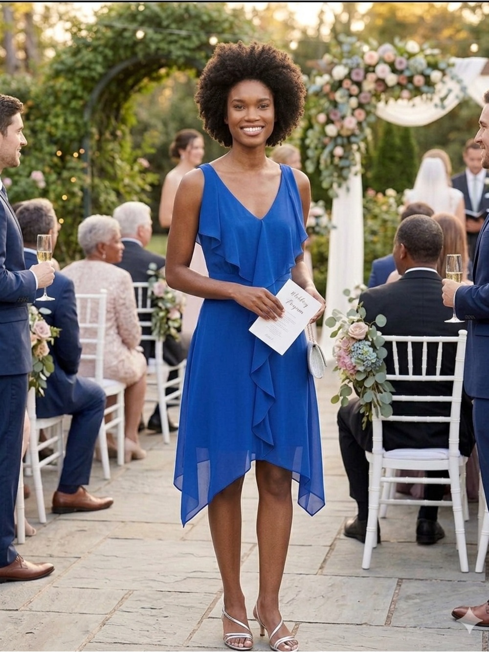 BCBGMAXAZRIA Jessica Ruffle Flowy Handkerchief Hem Dress Royal Blue Size 2